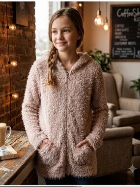 Coffee Shop Kids - Cozy Fuzzy Pink Hoodie - Girls’ Large / Women’s Small